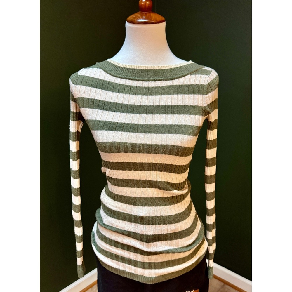 Poof Striped Knit Olive Green and Cream Ribbed Long Sleeve Top Women's S